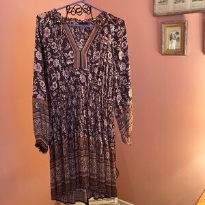 Dress by Current Air; size S; Brown floral; pleats; gusset waist; silk like feel